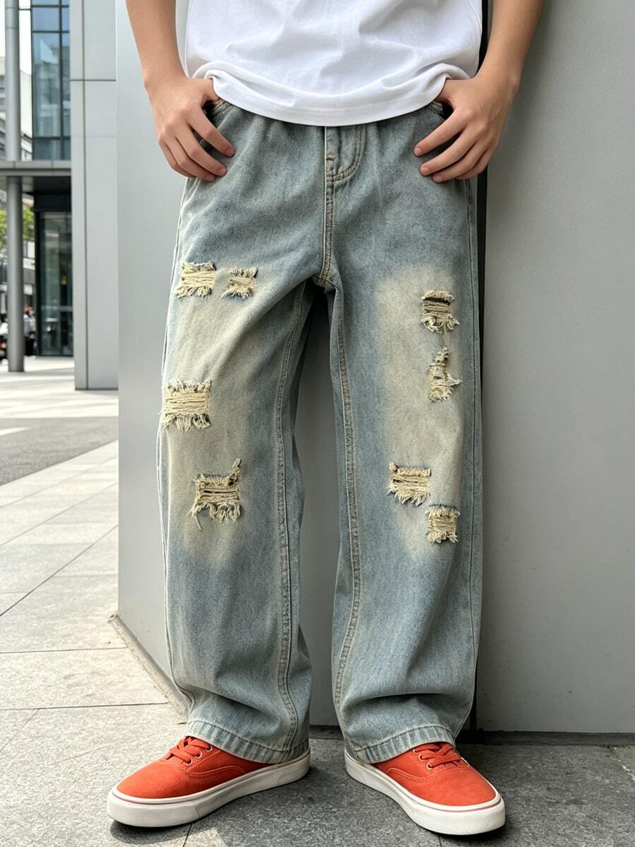 Tween Boys' Autumn Loose Fit Straight Leg Cargo Denim Jeans With Large Pockets, Suitable For Back To School, Daily Wear, Home And Outdoor Casual - Baby Blue - View 1
