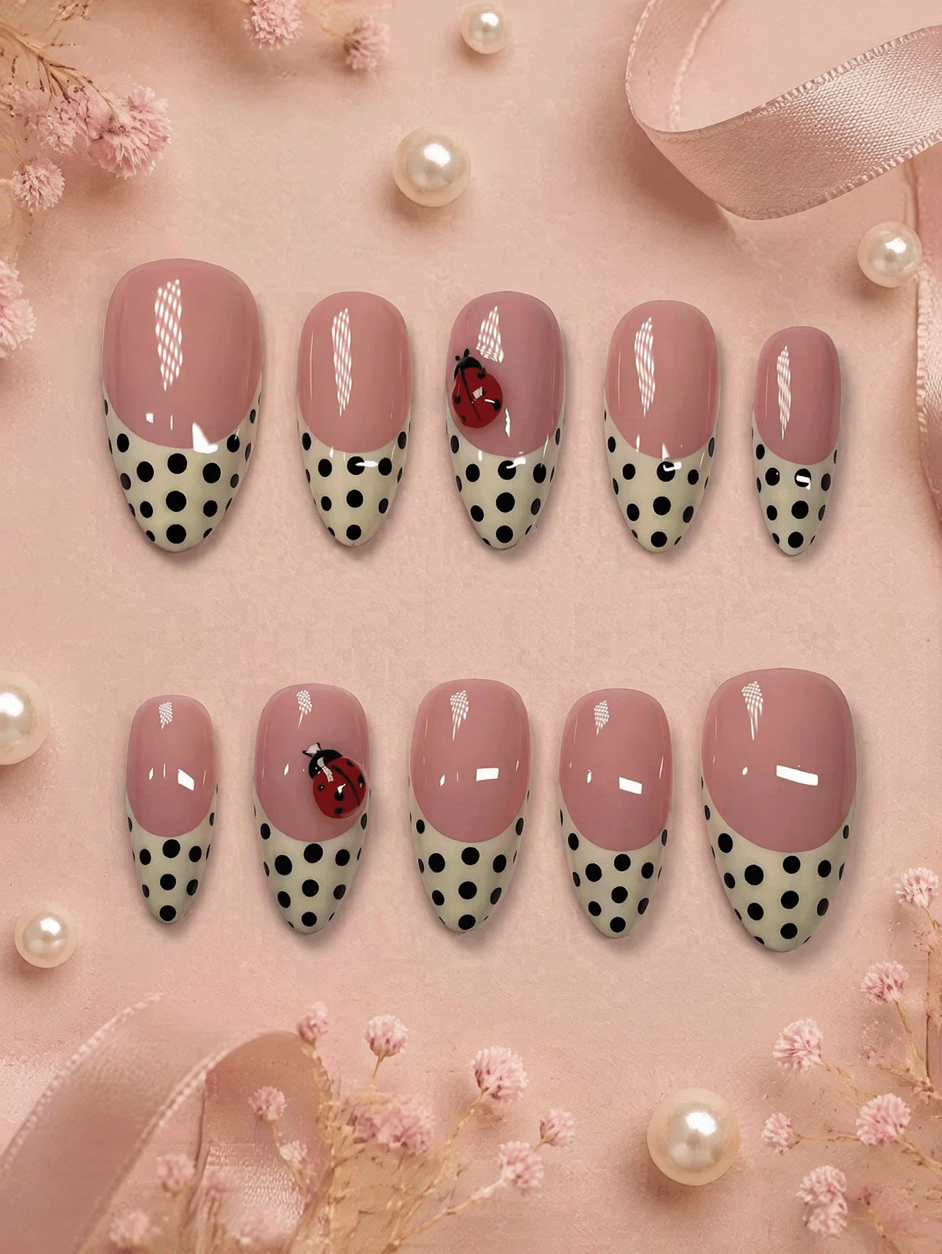 10pcs Medium Almond Press-On Nails, Nude Pink Base Cream Black Polka Dot French Tip With 3D Red Ladybug Charms Design, Delicate Glossy Acrylic Fake Nail Set, Suitable For Women Girls Daily Work, Spring Casual And Cute Holiday Party - Multicolor - View 1