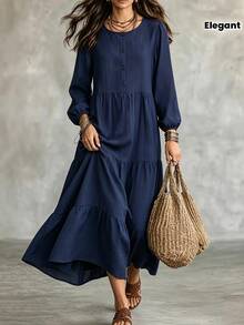 Women's Round Neck Half-Button Front Long Puff Sleeve Tiered Dress, Solid Navy Blue Loose Flowy Casual Dress, Autumn/Winter Daily Wear Fall - Navy Blue - View 7