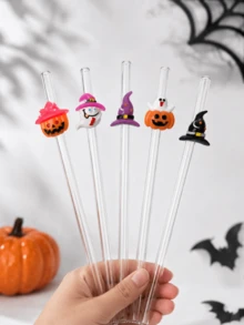 1-5PCS Reusable Clear Glass Straws With Halloween Witch Hat,Ghost&Pumpkin Accents,Cute Holiday Decor Drinking Straws For Kitchen Accessories,Water Cup,Boba Tea,Juice,Smoothies & Cold Drinks,Ideal For Beach Parties,Outdoor Picnics,Camping,Halloween Pa - View 3