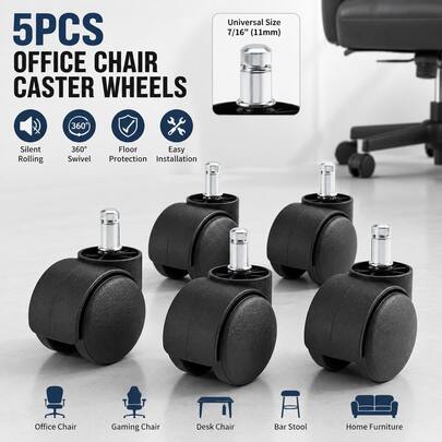 5PCS Universal Office Chair Wheels Replacement, Silent Swivel Caster Wheels, Smooth Rolling Chair Casters For Office Chair, Computer Chair & Desk Chair, Floor , Easy Installation, Furniture Repair Accessories, Home Office Essentials