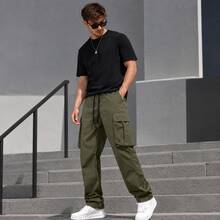 Men's Olive Green Cargo Pants, Loose Fit Drawstring Waist Streetwear Pants, Multi Pocket Casual Jogger Style Pants For Daily Wear, Outdoor, Travel & Hip Hop Outfits - Military Green - View 3