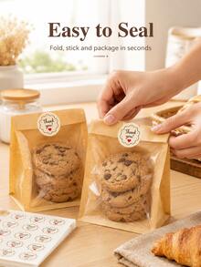 100PCS Bakery Bags With Clear Window, 7.5 X 7.1 In Kraft Paper Treat Bags With 100 Thank You Stickers, Christmas Gift And New Year Gift Making Bags For Bread, Cookies, Pastries, School Events, Small Business, Party Favors And Holiday Packaging - Brown - View 2