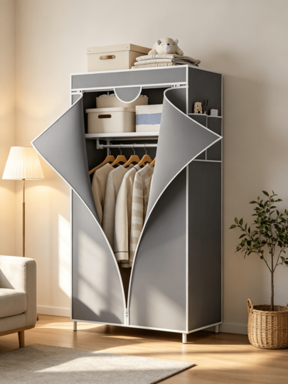1pc Large-Capacity Portable Wardrobe, Non-Woven Fabric Cover, Zipper Design, Easy To Assemble, Space-Saving, Large Capacity, Suitable For Bedrooms, Rental Apartments And Dormitories, Stylish Bedroom Decoration, Freestanding Clothes Rack