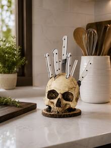 Resin Skull Knife Holder, Gothic Kitchen Countertop Knife Storage Rack, Halloween Horror Tableware Organizer, Farmhouse Style Home Restaurant Dining Table Indoor Kitchen Decor Party Scene Ornament - Multicolor - View 4
