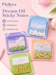 2PCS Selectable Oil Painting Landscape Self-Adhesive Sticky Notes, 30 Sheets Per Pad Removable Scenery Memo Paper For Household Office Document Marking & Daily Journal Annotation - Multiple Styles - View 1
