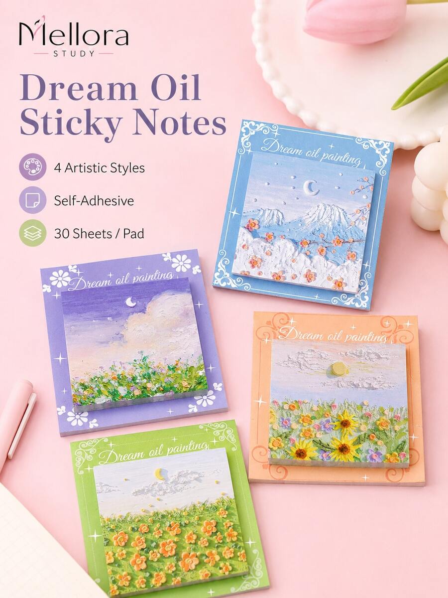 2PCS Selectable Oil Painting Landscape Self-Adhesive Sticky Notes, 30 Sheets Per Pad Removable Scenery Memo Paper For Household Office Document Marking & Daily Journal Annotation - Multiple Styles - View 1