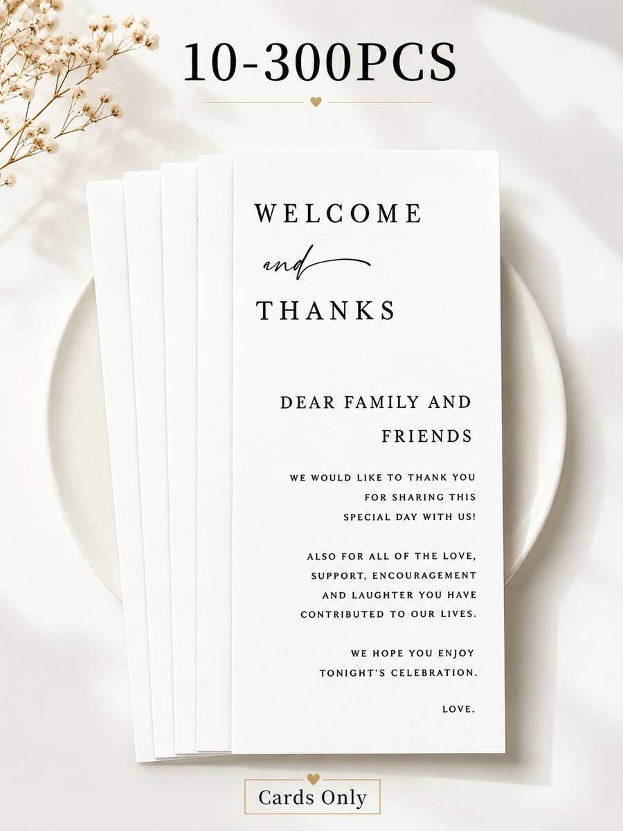 10-300pcs Wedding Guest Thank You Cards, White Welcome And Thank You Cards, Wedding Guest Favor Cards, Wedding Reception Table Decor, Suitable For Bridal Shower, Engagement Party, Autumn Wedding And Wedding Ceremony Supplies