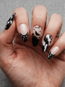 24pcs Halloween Almond Shape Press-On Nails, Glossy Nude To Black Gradient Fake Nails, Bat Spider Web Starry Sky Print, Reusable Full Coverage Acrylic False Nails, Suitable For Women Halloween Party, Cosplay, Gothic Style Manicure - Multicolor - View 2