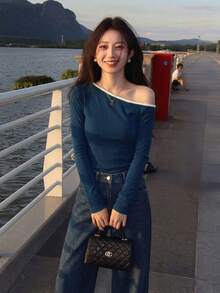 YCYC Korean Style Gentle Chic Solid Color Versatile Asymmetric Shoulder Cutout Long Sleeve T-Shirt For Women - Navy Blue - View 5