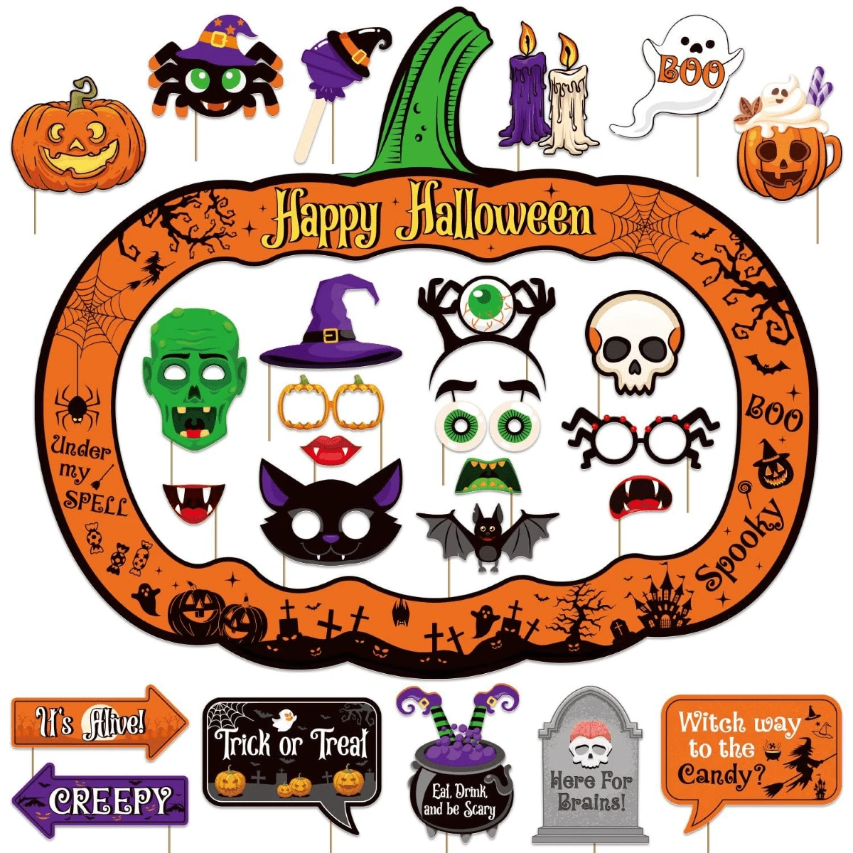 Halloween Photo Booth Props Set With Pumpkin Frame - Spooky Masks, Glasses & Signs For Halloween Party Decorations - Multicolor - View 1