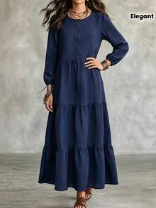 Women's Round Neck Half-Button Front Long Puff Sleeve Tiered Dress, Solid Navy Blue Loose Flowy Casual Dress, Autumn/Winter Daily Wear Fall - Navy Blue - View 6