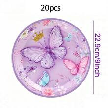 10件/20件/40件/80件紫色蝴蝶派對紙盤餐具套裝，蝴蝶生日派對裝飾，蝴蝶紙盤、紙杯、餐巾紙餐具套裝，適用於蝴蝶仙女主題生日派對禮物 - 彩色 - 查看 10
