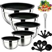 8-Piece Stainless Steel Mixing Bowl Set With Lids And Measuring Spoons, Stackable Mixing Bowls For Cooking, Baking, And Food Prep - Black - View 1