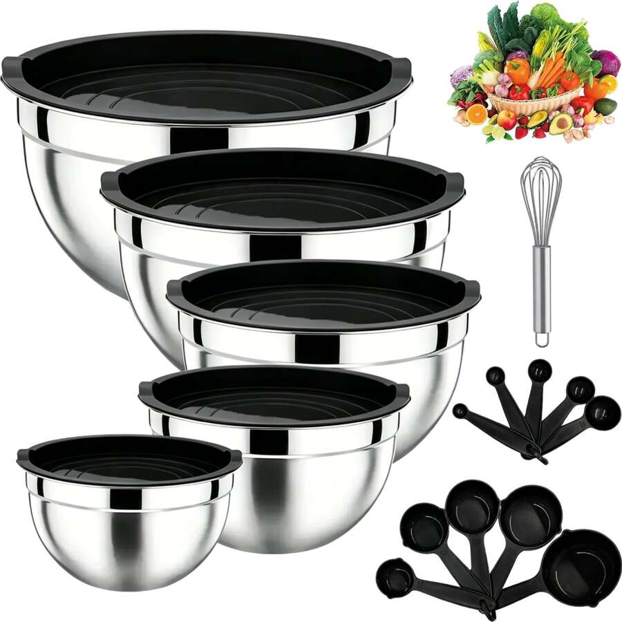 8-Piece Stainless Steel Mixing Bowl Set With Lids And Measuring Spoons, Stackable Mixing Bowls For Cooking, Baking, And Food Prep - Black - View 1