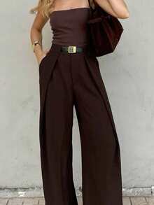 Women's High Waist Wide Leg Pleated Front Long Suit Pants, Loose Fit, Suitable For Spring Commute Office Business Casual - Brown - View 6