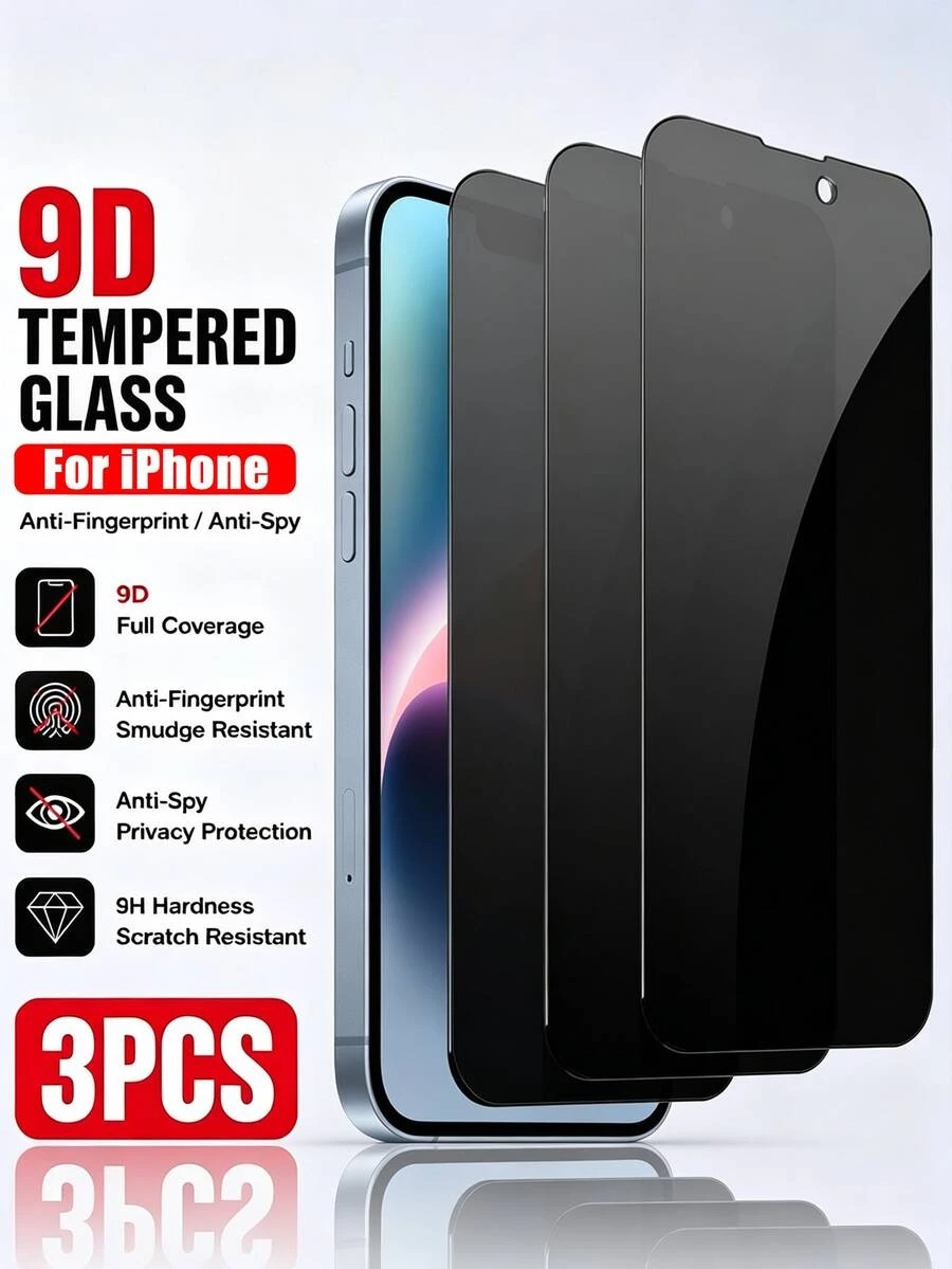 3片裝鋼化玻璃防窺螢幕保護貼，適用於 iPhone 18 Pro Max/18 Pro/17 Pro Max/17 Air/16 Pro Max/16 Plus/15 Pro Max/14 Pro Max/13 Pro Max/12/11 Pro Max/11 系列，9H 硬度，防刮、防窺、隱私保護玻璃，全螢幕覆蓋，相容手機殼