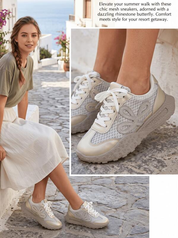 女款輕量厚底透氣水鑽網布圓頭低筒繫帶粗跟運動鞋 全季金色亮面大尺碼