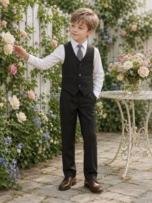 男孩新西裝套裝，花童婚禮服裝，表演服，英式男孩表演西裝三件套，含背心、長褲與領帶 - 黑色 - 查看 4