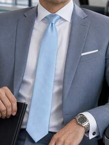 1pc Soft Light Blue Solid Color Shiny Necktie For Men, Business Formal, Banquet, Wedding, Daily Wear, Versatile Suit Shirt Accessory - Blue - View 3