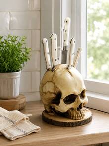 Resin Skull Knife Holder, Gothic Kitchen Countertop Knife Storage Rack, Halloween Horror Tableware Organizer, Farmhouse Style Home Restaurant Dining Table Indoor Kitchen Decor Party Scene Ornament - Multicolor - View 7