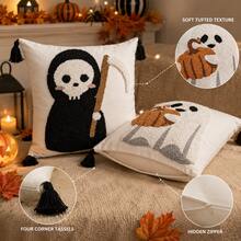 1 Stück/2 Stücke 18x18 Zoll gesteppte Halloween Kissenbezüge, Geister, Kürbis und Sensenmann dekorative Kissenbezüge mit verstecktem Reißverschluss und Quasten, geeignet für Sofa und Schlafzimmer Dekoration, nur Kissenbezüge, ohne Füllung - Weiss - Übersicht 4