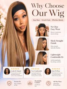 Honey Blonde Straight Headband Wig Synthetic Long Silky Hair Beginner Friendly Secure Combs Ready To Go Easy Wear Daily Fashion Wig - Gold - View 4