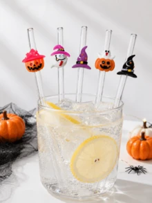 1-5PCS Reusable Clear Glass Straws With Halloween Witch Hat,Ghost&Pumpkin Accents,Cute Holiday Decor Drinking Straws For Kitchen Accessories,Water Cup,Boba Tea,Juice,Smoothies & Cold Drinks,Ideal For Beach Parties,Outdoor Picnics,Camping,Halloween Pa - View 5