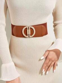 Women's Vintage Wide Elastic Waist Belt, Thick Elastic Leather Belt With Buckle Design, Suitable For Dresses And Coats, Campus Autumn Style - Black - View 8