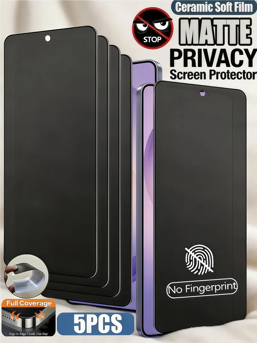 5片裝啞光隱私陶瓷軟膜，無氣泡易貼，防指紋，相容 Galaxy S26 S25、17T 15C、POCO X7、17 及其他手機，非玻璃材質，防水防震防摔防刮，全螢幕覆蓋