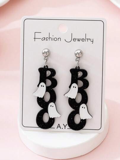 1 Pair Halloween Shiny BOO Ghost Design Girls Fashion Jewelry Earrings, Perfect Gift For Holiday Party