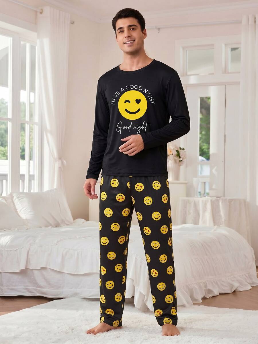 Set Pakaian Santai Pria - Kaos Lengan Panjang Bergambar Wajah Tersenyum + Celana Panjang Motif Wajah Tersenyum Kuning, Set Piyama Kasual 2 Potong, Sempurna untuk Bersantai - Hitam - View 1