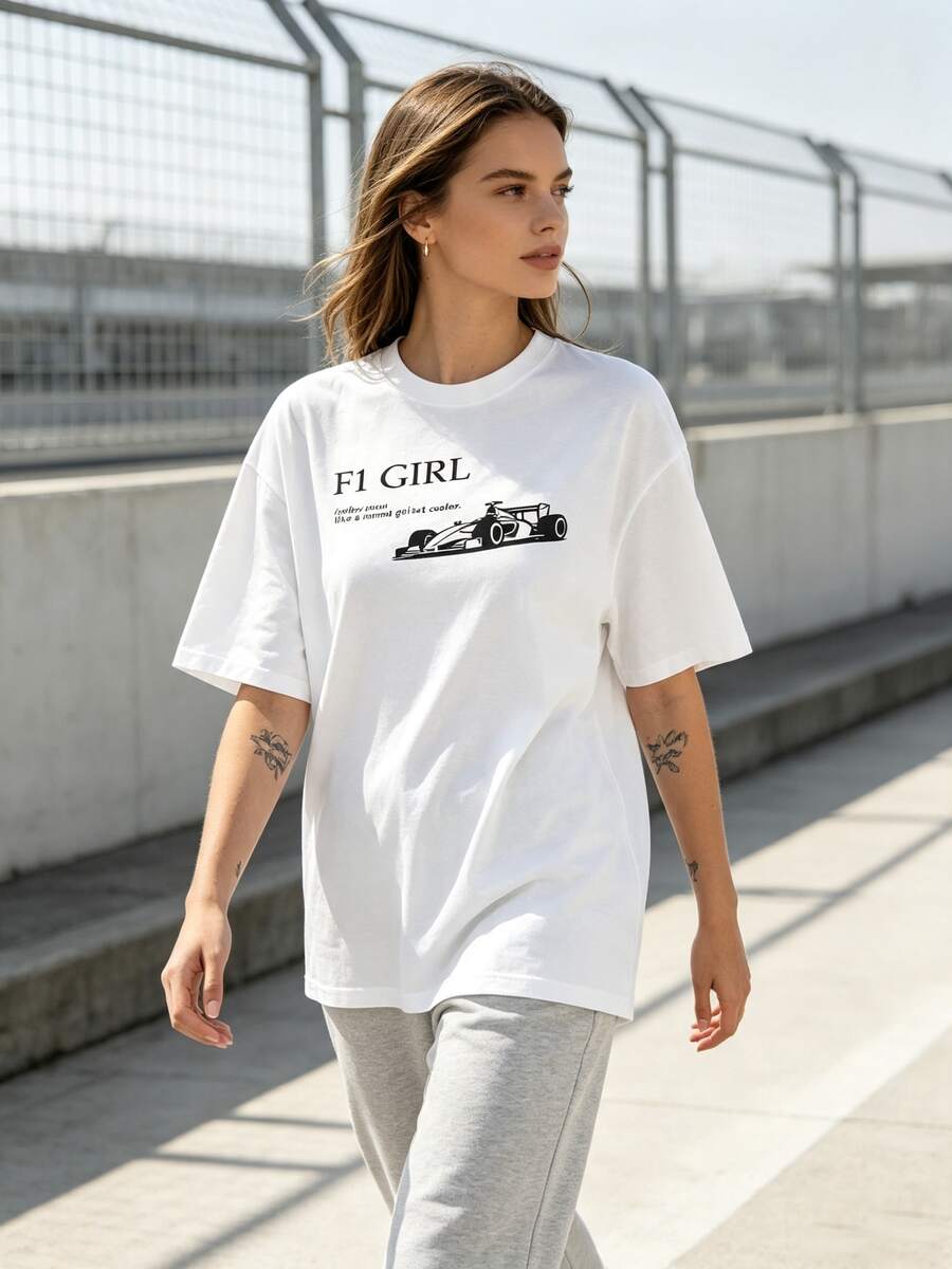 Printed Casual Short Sleeve T-Shirt. 100% Cotton. 1 Pack. Loose-Fitting Casual Cotton Short-Sleeved T-Shirt With F1 Racing Car Print, Suitable For Parties, Outfits With Friends, Summer, Spring, Festivals, Birthdays, Gatherings, Beaches, Weddings. Spring Summer Top - 白色 - 查看 1