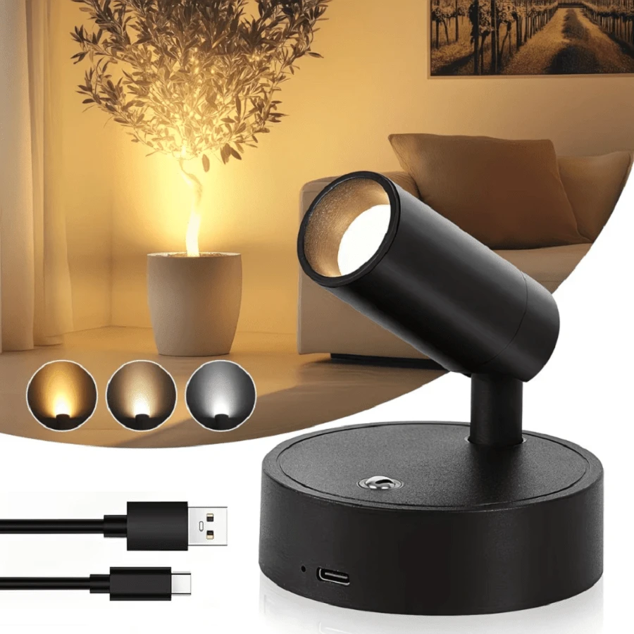 1件裝可充電磁吸式LED室內燈,USB充電,三色可調光,350°旋轉,電池供電壁燈,適用於臥室、床頭櫃、藝術品、繪畫、盆栽植物、攝影 - 彩色 - 查看 1