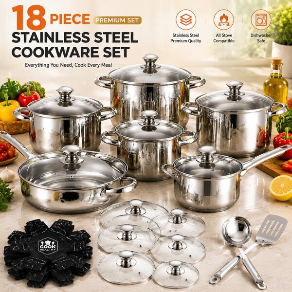 18-Piece Stainless Steel Cookware Set With Glass Lids, Complete Kitchen Pots And Pans Set, Induction Compatible, Durable Cooking Set For Soup, Pasta, Stew And Everyday Home Cooking