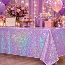 1/3pcs Holographic Laser Purple Party Tablecloth, Rainbow Shiny Disposable Plastic Tablecloth, Suitable For Birthday, Wedding, Bridal Shower, Anniversary And Other Party Decorations, Purple Pink Glitter Holiday Table Setting - View 5