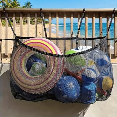 1pc Pool Floating Storage Bag - Extra Large Adjustable Hanging Storage Bag With Reinforced Expandable Mesh, Holds 30 Lbs (Approx. 13.6 Kg) Of Noodles, Beach Balls, Toys, Snorkels, Floats (Black)