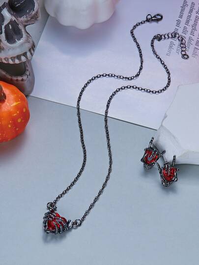 2 piezas & 1 pieza Joyería de mano de esqueleto con tema oscuro, accesorios de novia estilo gótico, decoración de novia fantasma, regalo de joyería, adecuado para uso de novia y uso diario