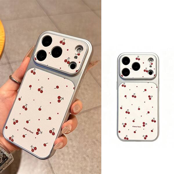 1 pieza Funda de teléfono con base blanca crema y estampado de mini cerezas, marco de lente plateado ancho, textura de cuero, diseño único, apta para Galaxy S22/23/24/S25/A04/05/06/A07/A17/A14/A15/A16/A24/A25/A34, Note 7/8/9/10/11/12/13/14, 9/10/12/13C/14C/A5, Honor X, HW, C53 C55.