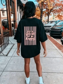 Damen T-Shirt mit kurzen Ärmeln und lockerem Schnitt, rosa gestreift, Rückendruck mit "It's a Good Day to Be Happy"-Slogan, einfaches Freizeit-Shirt für den Alltag - Schwarz - Übersicht 11