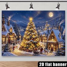 Pancarta de fondo para fiesta temática navideña 2D plana, tema de pueblo invernal con noche nevada, incluye árbol de Navidad decorado, cabaña cubierta de nieve, Papá Noel, renos, muñeco de nieve y otros elementos. Sin necesidad de energía. Efecto decorativo lleno de una atmósfera navideña cálida y rica - 150*210cm - Ver 2