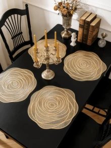 1-6pcs Gold Rose Hollow Placemats, Luxury Modern PVC Irregular Flower Heat-Insulating Non-Slip Table Mats, Suitable For Wedding, Dinner Party, Christmas, Valentine's Day Table Decor, All Seasons - Multicolor - View 7