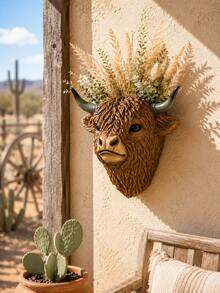Highland Cow Head Wall Hanging Planter, Rustic Bohemian Style Resin Hanging Flower Pot, Decorative Succulent Plant Holder For Living Room, Bedroom, Entryway, Patio, Farmhouse Wall Decor, Unique Housewarming Gift For Animal Lovers And Women - Multicolor - View 6
