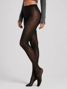 200g Fleece Lined Fake Translucent Tights, Mini Bowknot Patterned Thermal Warm Black Pantyhose, 1 Pair - Black - View 4