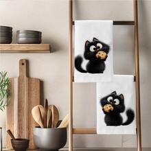 2件組卡通黑貓吃餅乾圖案印花 40*60cm 長方形超細纖維廚房毛巾，洗碗布、桌布、手巾，廚房裝飾、居家裝飾，適合送給鄰居的喬遷禮物，完美適用於廚房與浴室，適合家庭主婦與家庭聚會禮物，高 CP 值居家必需品 - 彩色 - 查看 8