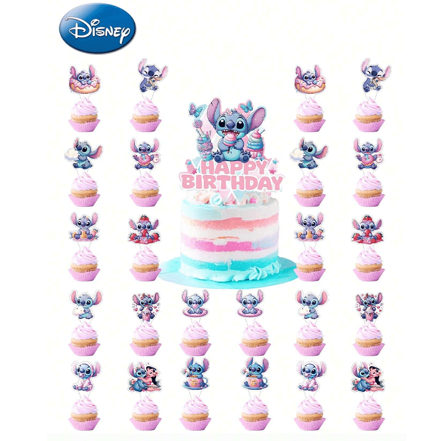 Hasbro Cartoon Stitch Cake And Cupcake Decoration Set, Happy Birthday Cake Decor, Assorted Cupcake Toppers, Suitable For Birthday, Halloween, Thanksgiving, Christmas Theme Party Dessert Decoration