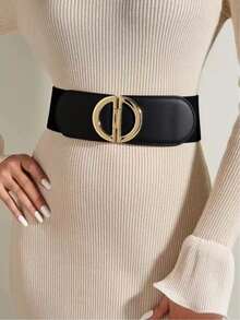 Women's Vintage Wide Elastic Waist Belt, Thick Elastic Leather Belt With Buckle Design, Suitable For Dresses And Coats, Campus Autumn Style - Black - View 7
