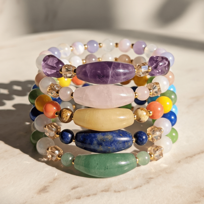 1pc Colorful Glass Bead Stretch Bracelet With Natural Stone & Crystal Tube Beads, Bohemian Rainbow Summer Energy Jewelry For Women Girls