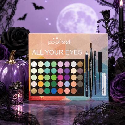 POPFEEL Highly Pigmented Smudge-Proof 40 Shades Matte Metallic Neutral Earth Tone Fine Low-Fallout Powder Easy To Blend Long Lasting Halloween Eyeshadow Makeup Set With Eyebrow Pencil Brow Mascara Lash Mascara Makeup Brush For Daily Date Travel & Mak