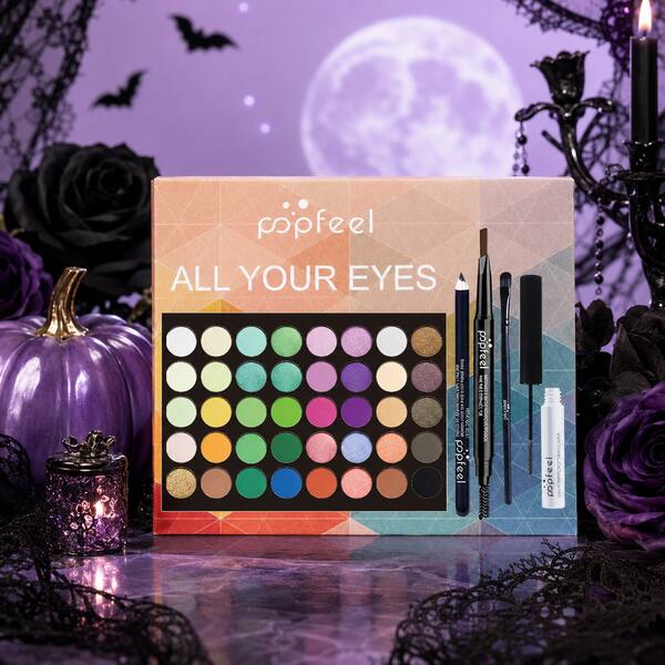 POPFEEL Set de Maquillaje de Sombras de Ojos para Halloween con 40 Tonos Mate Metálicos Neutros y Tonos Tierra Altamente Pigmentados a Prueba de Manchas Polvo Fino de Baja Caída Fácil de Difuminar de Larga Duración con Lápiz de Cejas Máscara de Cejas Máscara de Pestañas Brocha de Maquillaje para Uso Diario Citas Viajes & Maquillaje